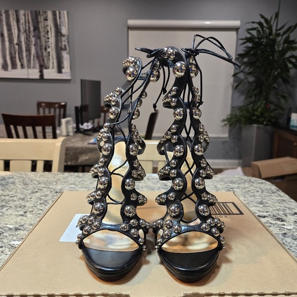 NEW Christian Louboutin Amazoubille Ghille Cage Black Studded Heels Size 7.5 - Picture 3 of 13